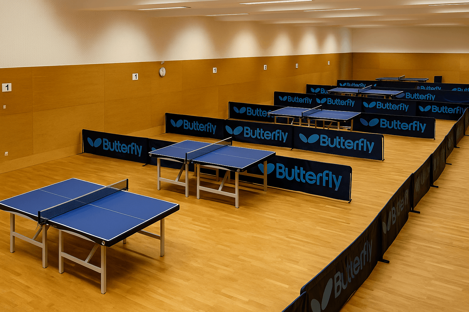 Tischtennisschule Schmelz - Haupthalle mit professionellen Tischen